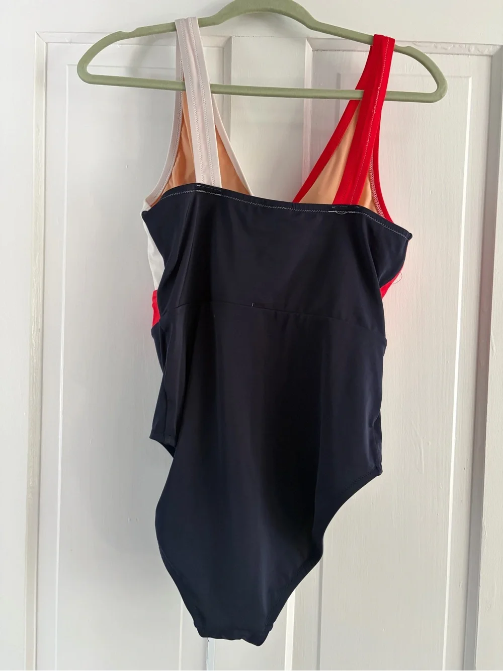 J. Crew Colorblock One-Shoulder Swimsuit in Red, Navy & White